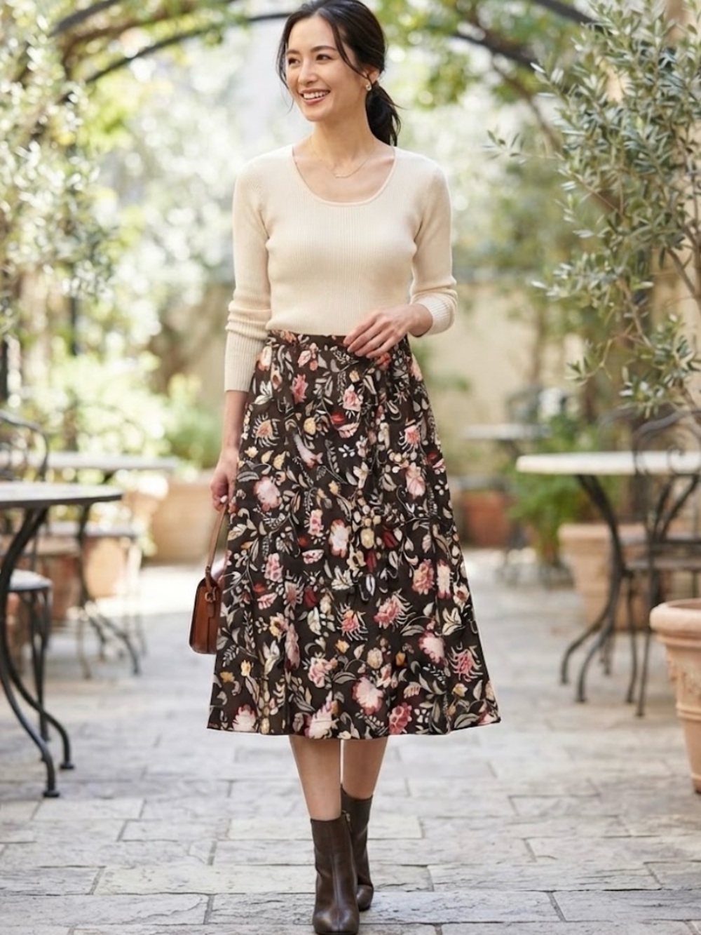 Sag Harbor Vintage Floral Midi Skirt -Dark Brown Multicolor Print | Size 10P